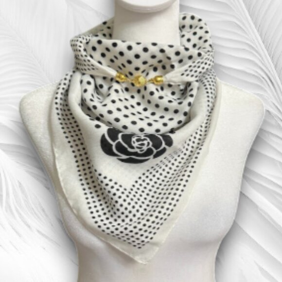 Elegant Women's White Scarf with Black Polka Dots and Floral Print - Picture 4 of 7